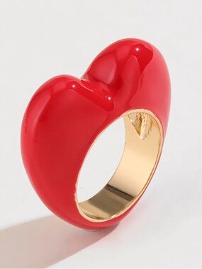 Glossy Red Heart ♥️ Statement Enamel Ring with Gold-Tone Band; S-8